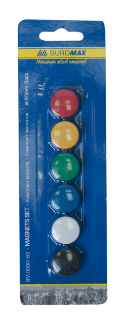 Комплект магнітів Buromax, 20мм, 6 шт/уп., асорті (BM.0030-62)